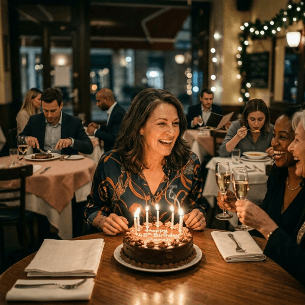 Woman blowing out candles on birthday cake at dinner party